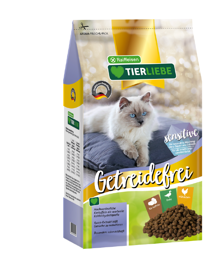 TIERLIEBE_Getreidefrei_sensitive_alle-Groessen_3DAbbildung Verpackung von getreidefreiem Katzenfutter mit Abbildung einer Katze und Hinweis auf besondere Rezeptur.